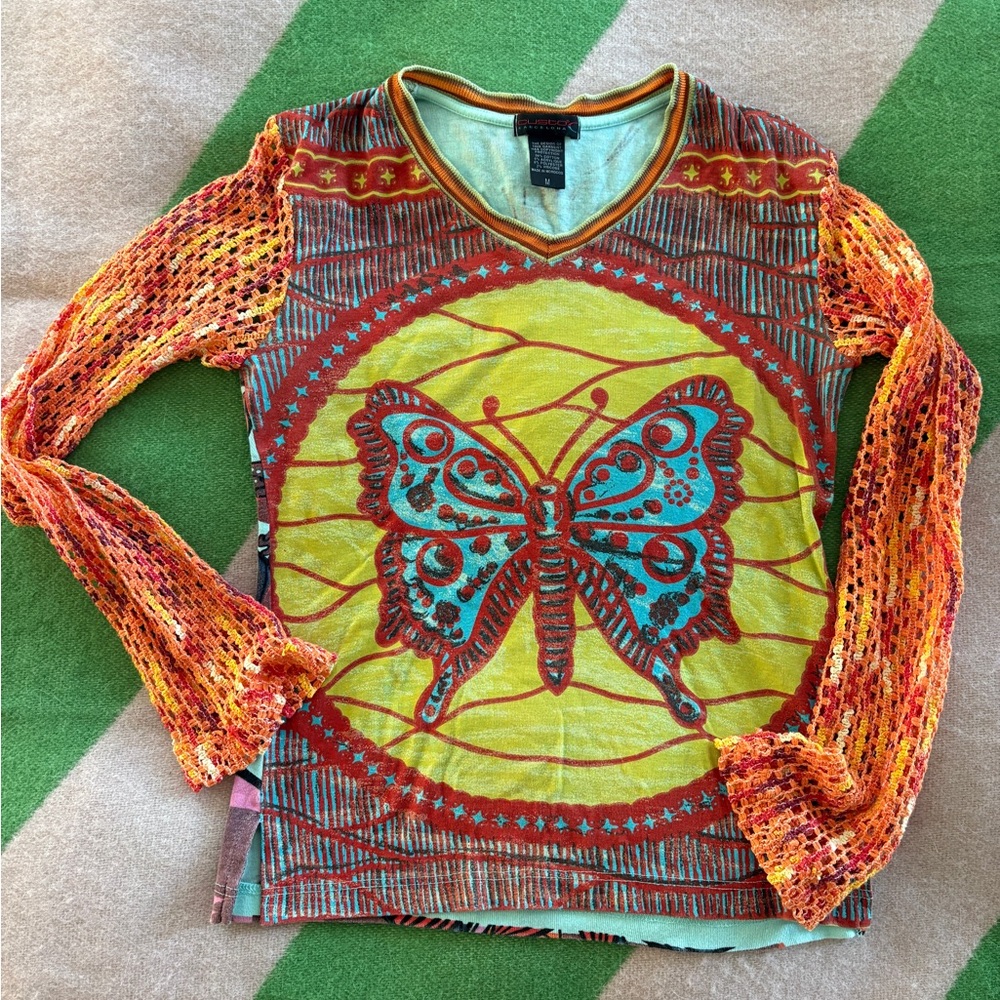 Custo Barcelona Iconic Vintage Butterfly Long Sleeve Top Y2K